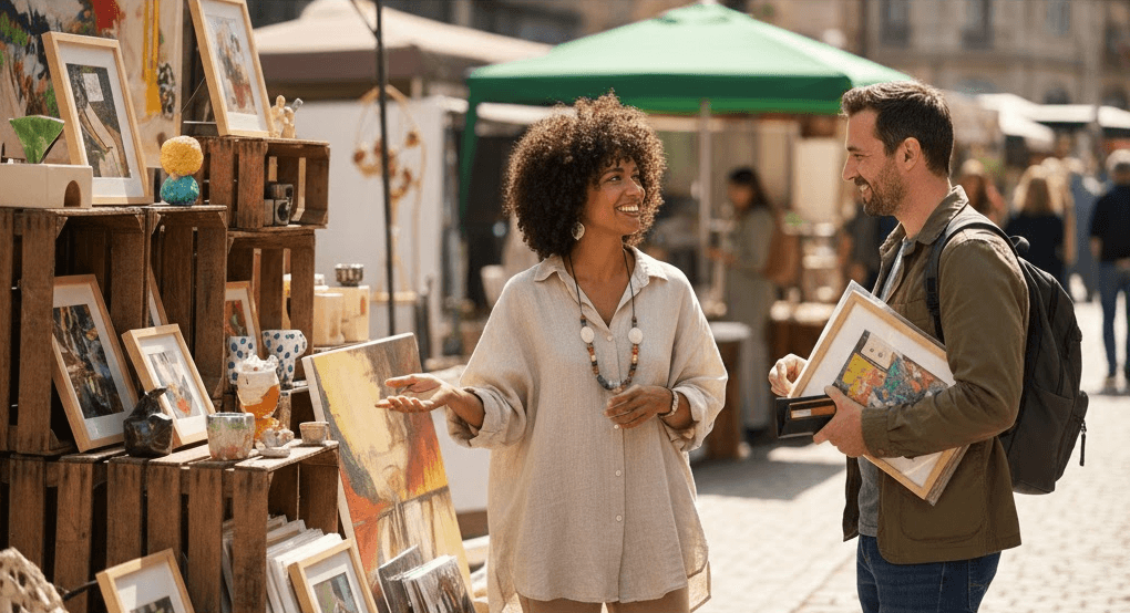 Vibrant outdoor market with vendors and shoppers